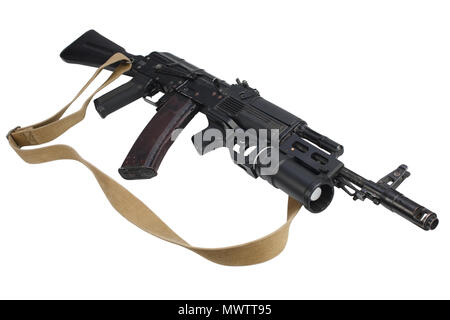 modern kalashnikov AK 74M assault rifle with underbarrel grenade launcher on white Stock Photo