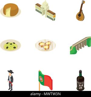 Portugal place icons set, isometric style Stock Vector