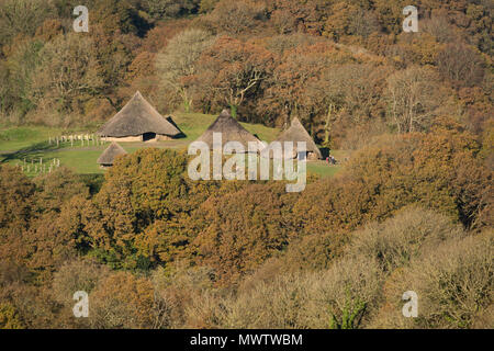 Castell Henllys Iron Age village in the autumn, constructed by the Pembrokeshire Coast National Park, Pembrokeshire, Wales, United Kingdom, Europe Stock Photo