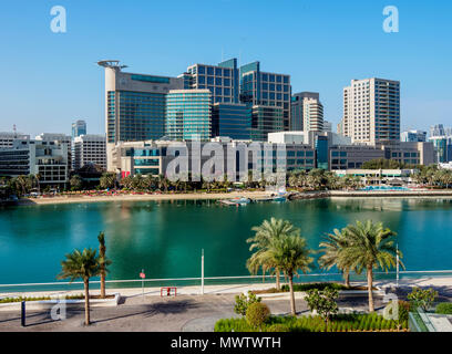 Abu Dhabi Mall and Rotana Beach Hotel seen from Al Maryah Island, Abu Dhabi, United Arab Emirates, Middle East Stock Photo