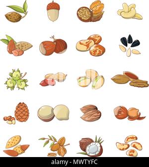 Nut types food icons set, cartoon style Stock Vector
