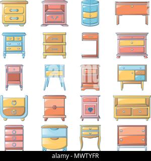 Nightstand bedside icons set, cartoon style Stock Vector