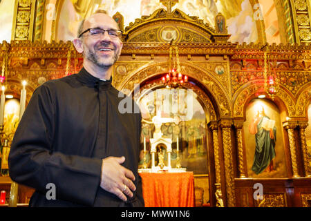 Saint St. Louis Missouri,West End,St Nicholas Greek Orthodox Church,religion,Christianity,interior inside,ceiling fresco,altar,pews,Byzantine style,pr Stock Photo