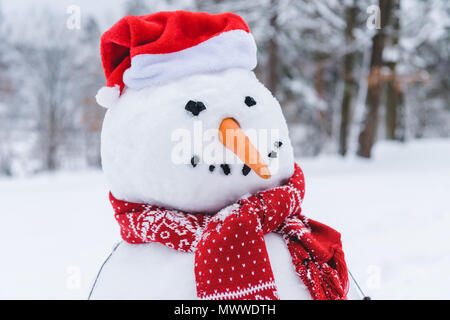 close-up view of funny snowman in scarf and santa hat in winter park Stock Photo