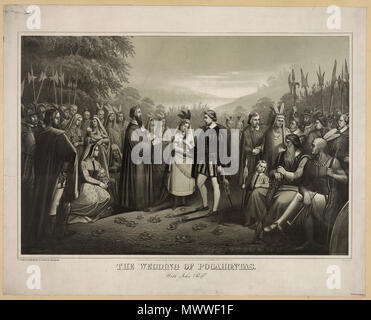 . English: Title: The wedding of Pocahontas with John Rolfe / Geo Spohni. Date Created/Published: Philadelphia : Published by Joseph Hoover, 719 Samson St., c1867. Medium: 1 print : lithograph. Summary: Print showing large gathering of Natives and Englishmen for wedding ceremony between Pocahontas and John Rolfe. Reproduction Number: LC-DIG-pga-03343 (digital file from original print) LC-USZ62-5258 (b&w film copy neg.) Rights Advisory: No known restrictions on publication. Call Number: PGA - Sponhi--Wedding of Pocahontas ... (D size) [P&P] Repository: Library of Congress Prints and Photographs Stock Photo