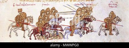 . English: A miniature depicting the defeat of the Georgian king George I ('Georgios of Abasgia') by the Byzantine emperor Basil. Skylitzes Matritensis, fol. 195v. George is shown as fleeing on horseback on the right and Basil holding a shield and lance on the left. 9 May 2010, 13:43 (UTC).  Skylitzes. Basil II vs Georgians.jpg: unknown derivative work: Kober (talk) 564 Skylitzes. Basil II vs Georgians cropped Stock Photo