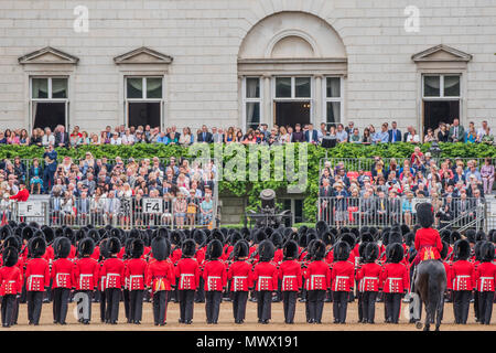 London, UK. 2nd June 2018. Marching on Horse Guards Parade ground - Colonel's Review 2018, the last formal inspection of the Household Division before The Queen’s Birthday Parade, more popularly known as Trooping the Colour. The Coldstream Guards Troop Their Colour and their Regimental Colonel, Lieutenant General Sir James Jeffrey Corfield Bucknall, takes the salute. Credit: Guy Bell/Alamy Live News Stock Photo