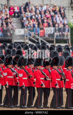 London, UK. 2nd June 2018. Marching on Horse Guards Parade ground - Colonel's Review 2018, the last formal inspection of the Household Division before The Queen’s Birthday Parade, more popularly known as Trooping the Colour. The Coldstream Guards Troop Their Colour and their Regimental Colonel, Lieutenant General Sir James Jeffrey Corfield Bucknall, takes the salute. Credit: Guy Bell/Alamy Live News Stock Photo