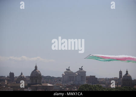 Rome, Italy. 2nd June 2018.  The Italian Air Force aircraft, Frecce Tricolori, fly over the sky of Rome during the celebrations of the feast of the Italian Republic at the Imperial Fora. Credit: marco iacobucci/Alamy Live News Stock Photo