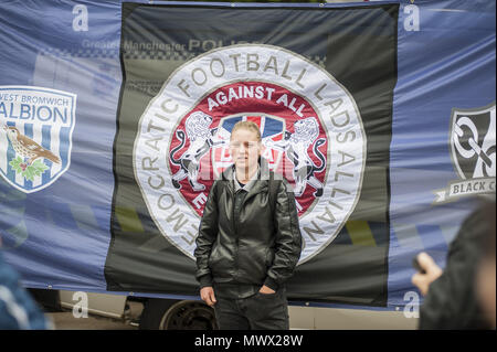 Manchester, Greater Manchester, UK. 2nd June, 2018. A member of The Democratic Football Lads Association seen in Manchester two weeks after the anniversary of the Manchester Bomb.The March was met by a counter demonstration by organised by Stand Up to Racism. Credit: Steven Speed/SOPA Images/ZUMA Wire/Alamy Live News Stock Photo