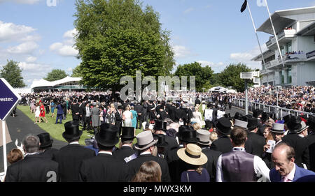 Epsom Downs, Surrey, UK., 2nd June, 2018 Owners, connections and riders await the arrival of HRH The Queen in the parade ring prior to he Investec Derby  on the Surrey Downs. Credit: Motofoto/Alamy Live News Stock Photo