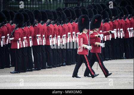 London, UK. 2nd June, 2018. Members of the Royal Guard are seen marching during the Colonel's Review.Soldiers rehearse their steps as they prepare for Trooping the Color to mark the Queen's official birthday next week. More than 1,400 officers and men are on parade along with 200 horses, 400 musicians from ten bands and corps of drums march. Lieutenant General Sir James Jeffrey Cofield Becknell, will take the salute. Credit: Brais G. Rouco/SOPA Images/ZUMA Wire/Alamy Live News Stock Photo