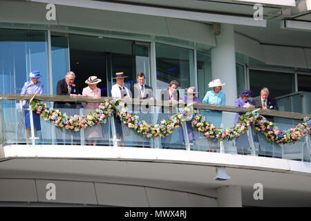 Epsom Downs Surrey UK. 2nd June 2018. Queen Elizabeth and guests watch the racing from the Royal balcony on Derby Day at Epsom Downs. Credit: Julia Gavin/Alamy Live News Credit: Julia Gavin/Alamy Live News Stock Photo