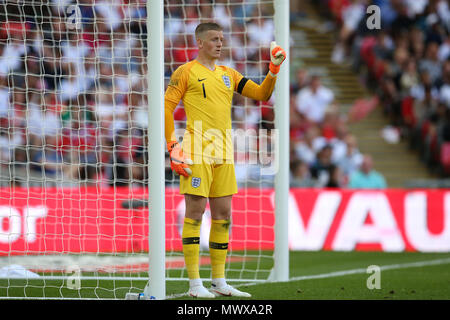 Wembley Stadium, London, UK. 2nd Jun, 2018. England goalkeeper Jordan Pickford in action. Football International friendly, England v Nigeria at Wembley Stadium in London on Saturday 2nd June 2018.  this image may only be used for Editorial purposes. Editorial use only, license required for commercial use. No use in betting, games or a single club/league/player publications. pic by Andrew Orchard//Andrew Orchard sports photography/Alamy Live news Stock Photo