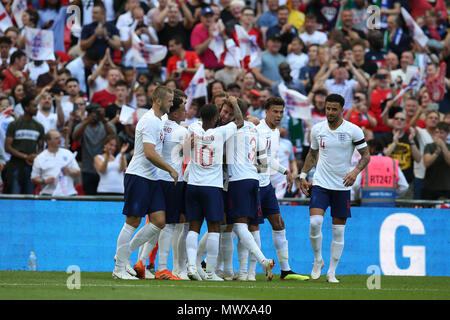 Wembley Stadium, London, UK. 2nd Jun, 2018. Gary Cahill of England © celebrates with his teammates after he scores his teams 1st goal.Football International friendly, England v Nigeria at Wembley Stadium in London on Saturday 2nd June 2018.  this image may only be used for Editorial purposes. Editorial use only, license required for commercial use. No use in betting, games or a single club/league/player publications. pic by Andrew Orchard//Andrew Orchard sports photography/Alamy Live news Stock Photo
