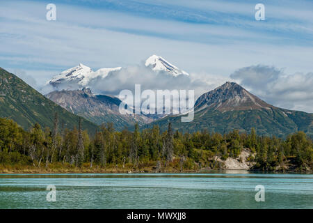 Mount Redoubt and Crescent Lake, Lake Clark National Park and Preserve, Alaska, United States of America, North America Stock Photo