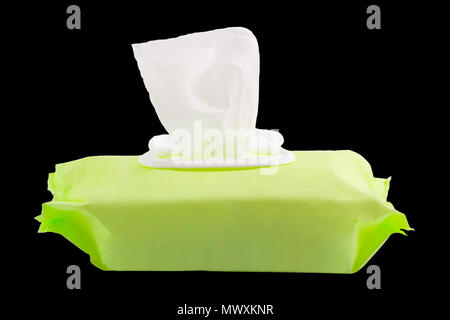 Wet wipes in package box on black background, with clipping path. Stock Photo