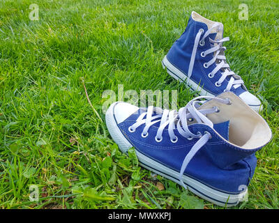 Blue classic sneakers on green grass in the garden during sunny serene summer day. Stock Photo
