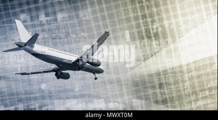 White plane flying on background of blurred skyscrapers and binary key Stock Photo