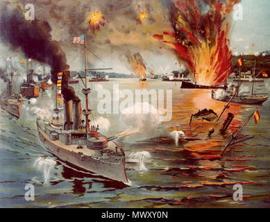 . English: Battle of Manila Bay, 1 May 1898 Contemporary colored print, showing USS Olympia in the left foreground, leading the U.S. Asiatic Squadron in destroying the Spanish fleet off Cavite. A vignette portrait of Rear Admiral George Dewey is featured in the lower left. 27 April 2009, 21:17 (UTC).  USS Olympia art NH 91881-KN.jpg: unknown derivative work: Bellhalla (talk) 623 USS Olympia art NH 91881-KN cropped Stock Photo