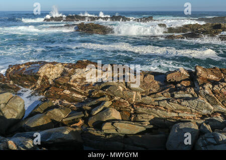 Evening sunshine on rock platform jutting into the indian ocean. Tsitsikamma National Park, Garden Route, Cape, South Africa Stock Photo