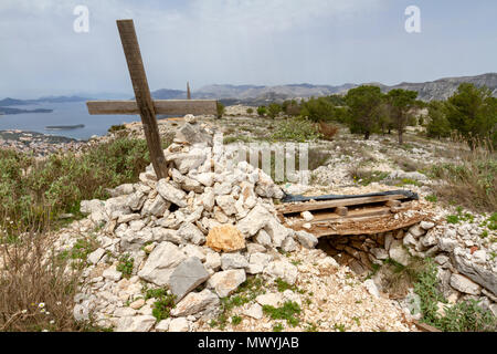 Cross memorial on the Mount Srd battlefield (Homeland or Bosnia War), Dubrovnik, Croatia. Stock Photo