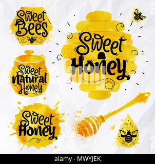 Watercolors of symbols on the topic of honey honeycomb, beehive, spot, the keg with lettering sweet honey, natural honey, sweet bees Stock Vector