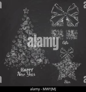 New Year collection of Christmas tree,star, gift, stylized for the drawing with chalk on the blackboard. Stock Vector