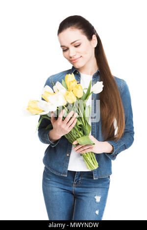 beautiful young woman with bouquet of tulips, isolated on white Stock Photo