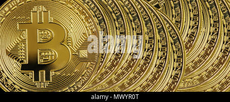 Background of many symbolic golden coins of bitcoin crypto currency, new digital money in cyber world Stock Photo