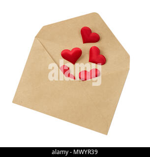 Several red silk hearts flying out of an open postal envelope made of kraft paper isolated on a white background Stock Photo