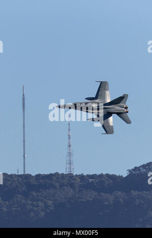 Royal Australian Air Force (RAAF) McDonnell Douglas F/A-18B Hornet jet aircraft A21-110 flying. Stock Photo