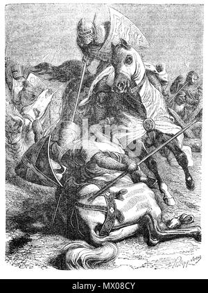 The Battle of Evesham on the 4 August 1265, was one of the two main battles of the Second Barons' War. It marked the defeat of Simon de Montfort, Earl of Leicester, and the rebellious barons by the future King Edward I, who led the forces of his father, King Henry III. It took place on 4 August 1265, near the town of Evesham, Worcestershire. During the battle Prince Edward entered into combat with Baron Adam Gourdon. The latter was wounded, thrown from his horse and taken prisoner. Edward procured Gourdon's pardon who went on to beferiend and serve the prince. Stock Photo