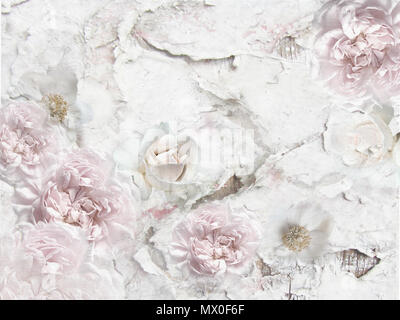 Peonies and roses on cracked wall. Vintage floral pattern - rough background. Grunge design. Flowers decorative framing with space for text. Stock Photo