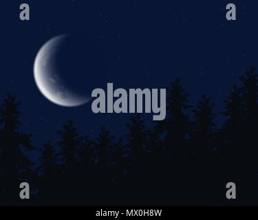 Night sky with stars and moon over peaks of coniferous trees - vector Stock Vector