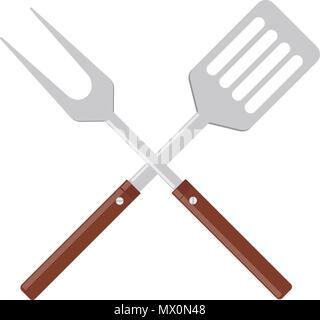 BBQ or grill tools icon. Crossed barbecue fork with spatula. Symbol Template Logo. Vector illustration flat design. Isolated on white background. Stock Vector