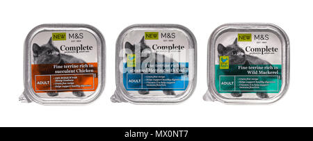 SWINDON, UK - JUNE 2, 2018: 3 Packs of Marks and Spencer Complete adult cat food 0n a white background. Stock Photo