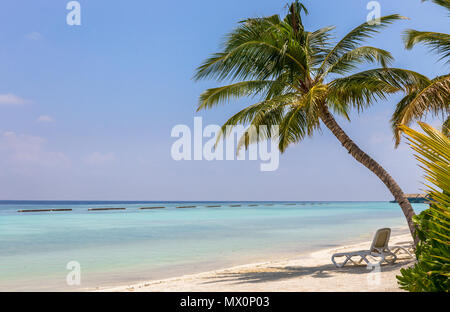 Amazing blue lagoon and tropical island in Maldives Stock Photo