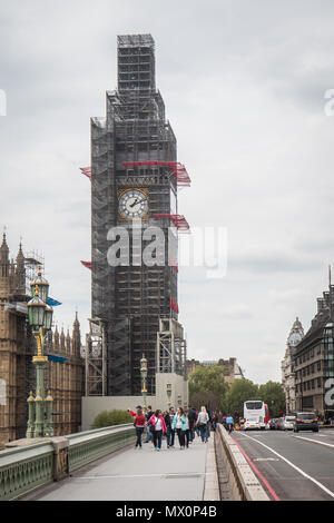 The Elizabeth Tower covered in scaffholding during  repair work Stock Photo