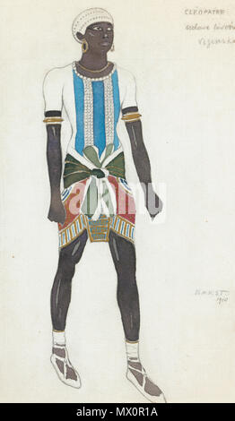 . Léon Bakst 1866 - 1924 COSTUME DESIGN FOR NIJINSKY AS THE SLAVE IN CLEOPATRA signed in Latin and dated 1910 l.r.; further inscribed Cléopatre, esclave favori Nijinsky t.r. watercolour and gouache over pencil heightened with gold on paper 27 by 16.5cm, 10 3/4 by 6 1/2 in. circa 1909. LEON BAKST 134 Cleopatra ballet by Bakst 14 Stock Photo