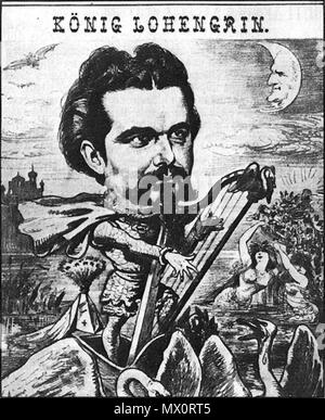 . English: Ludwig II of Bavaria portrayed as 'King Lohengrin' below a moon with the face of composer Richard Wagner. From 'Der Floh' 30.01.1885 . 1885. Anonymous 375 Lohengrin 1885