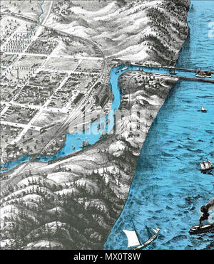 . English: Partial rendering of artist's sketch of Michigan City, Indiana harbor - mouth of Trail Creek. 1869. A. Ruger 85 Bird's Eye View of Michigan City, 1869 A. Ruger Stock Photo