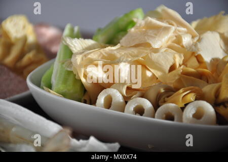 Assortment of food tofu, vegetables and meat for chinese hotpot Stock Photo