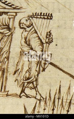 . English: Clipping from Utrecht Psalter, showing a man holding a cythara (lower instruments) and a harp or psaltery. The depictions of the cytharas in the Utrecht Psalter have been used as evidence in the 1911 Encyclopedia Britannica that the guitar was developed from modifying the cithara-lyre. 1 January 850. Unknown 624 Utrechts-Psalter PSALM-107 psaltery and cithara Stock Photo