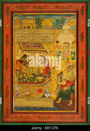 .  English: Paint on wood, 38 x 27.5 cm  Collection: Horniman Museum and Gardens Krishna (figure in dark blue) has the doors of Dwarka shut on the hungry Bhima. Scene from 'The Mahabharata'. At bottom right of the painting Bhima beats at the gate. Three women below left carry vessels and a man in front of them remonstrates with the visitor. The semi-aerial perspective allows the viewer to see inside the walls two women setting out dishes on a table under a canopy, with other vessels arranged on the tesselated floor. In the background on the right another woman kneels inside a circular white pa Stock Photo