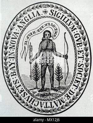 . English: Massachusetts Seal: In 1629, King Charles I granted a charter to the Massachusetts Bay Colony, which included the authority to make and use a seal. It featured an Indian holding an arrow pointed down in a gesture of peace, and the unlikely words 'Come over and help us,' emphasizing the missionary and commercial intentions of the original colonists. 28 November 2012, 06:28:08. Unknown 405 Massachusetts Bay Colony Seal, 1629 Stock Photo