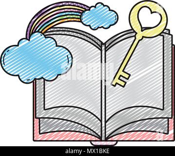 doodle open book with heart key and rainbow clouds Stock Vector