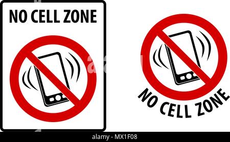 No cell zone sign. Simple black lines drawing of mobile phone symbol in red crossed circle. Rectangle and round version. Stock Vector