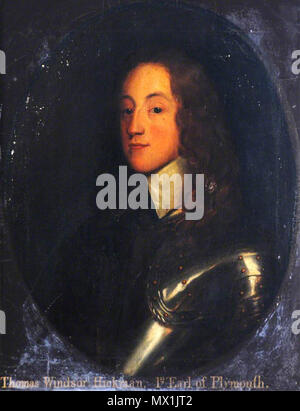 . English: Portrait of Thomas Windsor Hickman, 1st Earl of Plymouth, bust-length, in armour - with inscription, in a painted oval . circa 1660. Follower of Anthony van Dyck 606 Thomas Windsor Hickman Stock Photo