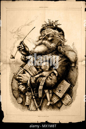 . English: Thomas Nast's most famous drawing, 'Merry Old Santa Claus', from the January 1, 1881 edition of Harper's Weekly. Thomas Nast immortalized Santa Claus' current look with an initial illustration in an 1863 issue of Harper's Weekly, as part of a large illustration titled 'A Christmas Furlough' in which Nast set aside his regular news and political coverage to do a Santa Claus drawing. The popularity of that image prompted him to create another illustration in 1881. 1 January 1881. Thomas Nast 10 1881 0101 tnast santa 200
